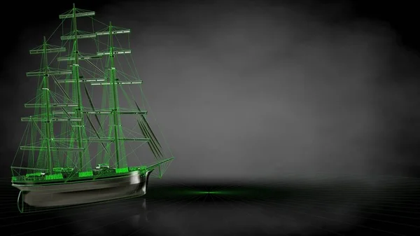 3D рендеринг отражающей пиратской лодки с зеленым контуром лина — стоковое фото