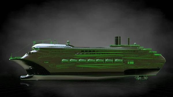 Renderowania 3D odblaskowe ogromny statek z zielonym opisane — Zdjęcie stockowe