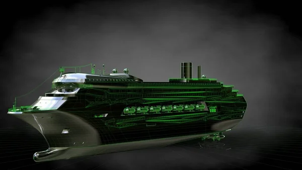Bir yansıtıcı büyük kargo gemisi ile özetlenen yeşil 3D render — Stok fotoğraf