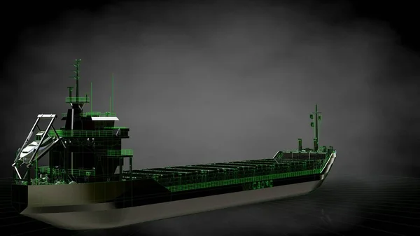 3D-weergave van een reflecterende enorme vrachtschip met groene geschetst — Stockfoto