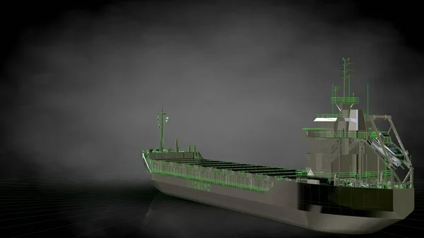 3D-Rendering eines reflektierenden riesigen Frachtschiffes mit grünen Umrissen — Stockfoto