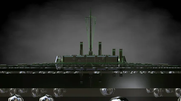 3D-Rendering eines reflektierenden riesigen Frachtschiffes mit grünen Umrissen — Stockfoto