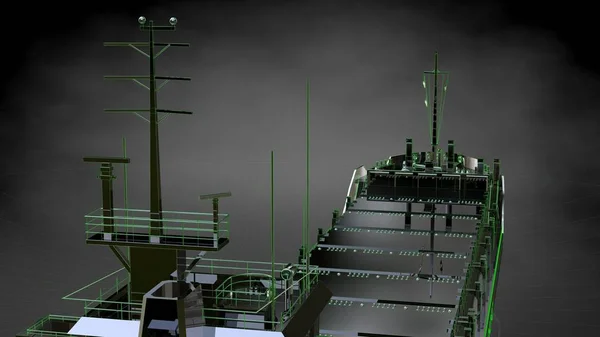 3D-weergave van een reflecterende enorme vrachtschip met groene geschetst — Stockfoto