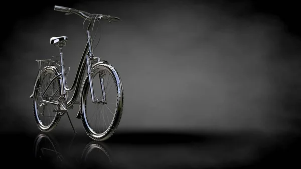 3D-Rendering eines metallisch reflektierenden Fahrrads auf dunklem Hintergrund — Stockfoto