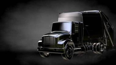 karanlık bir arka plan üzerinde metalik bir yansıtıcı kamyonun 3D render