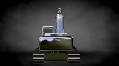 karanlık bir arka plan üzerinde metalik bir yansıtıcı kazıcı 3D render