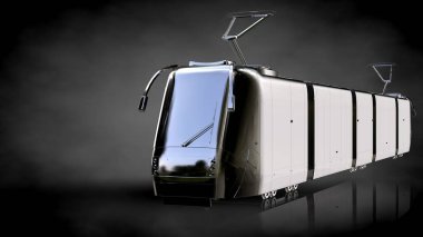 Metalik bir yansıtıcı trenin karanlık bir arka plan üzerinde 3D render