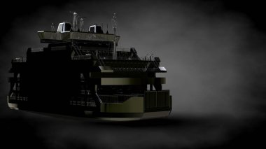 karanlık bir arka plan üzerinde yansıtıcı metal geminin 3D render