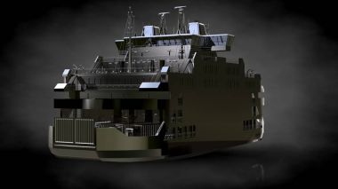 karanlık bir arka plan üzerinde yansıtıcı metal geminin 3D render