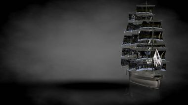 karanlık bir arka plan üzerinde yansıtıcı metal geminin 3D render