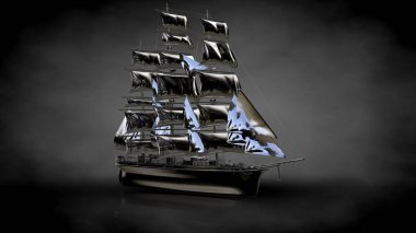 karanlık bir arka plan üzerinde yansıtıcı metal geminin 3D render