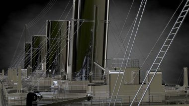 karanlık bir arka plan üzerinde yansıtıcı metal geminin 3D render