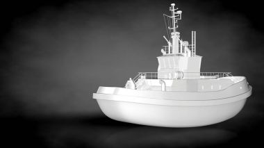 karanlık bir arka plan üzerinde beyaz bir yansıtıcı gemisinin 3D render