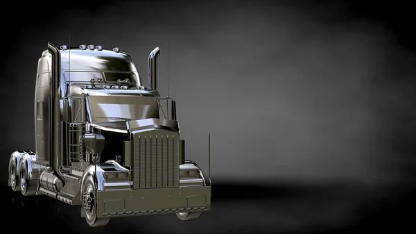Representación 3d de un camión reflectante metálico sobre un fondo oscuro — Foto de Stock