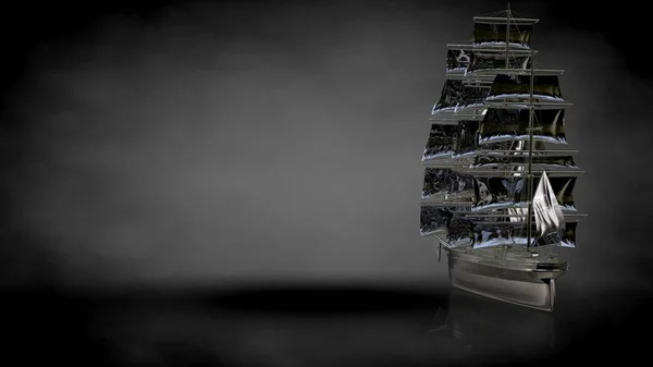 Απόδοσης 3D ΜΕΤΑΛΛΙΚΑ αντανακλαστική πλοίου σε σκούρο φόντο — Φωτογραφία Αρχείου