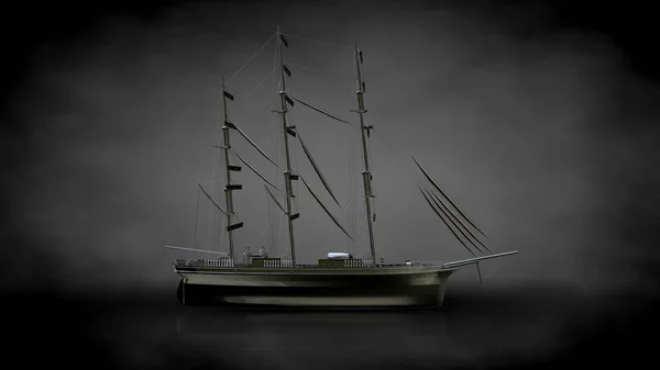 3D рендеринг металлического отражающего корабля на тёмном фоне — стоковое фото