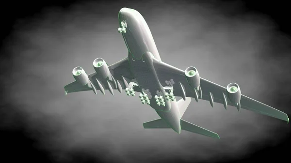 Representación 3d de un avión reflectante con líneas perfiladas verdes — Foto de Stock