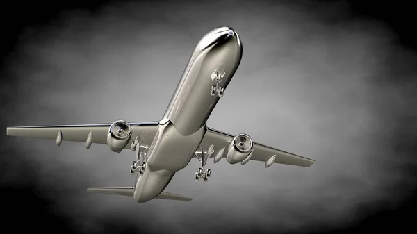 Rendering 3D di un aeroplano metallico riflettente su un backgrou scuro — Foto Stock