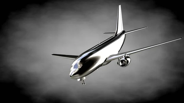 Representación 3d de un avión reflectante metálico sobre un fondo oscuro — Foto de Stock