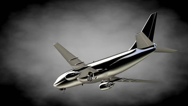 3D visszaadás-ból egy fémes fényvisszaverő repülőgép egy sötét háttérb — Stock Fotó