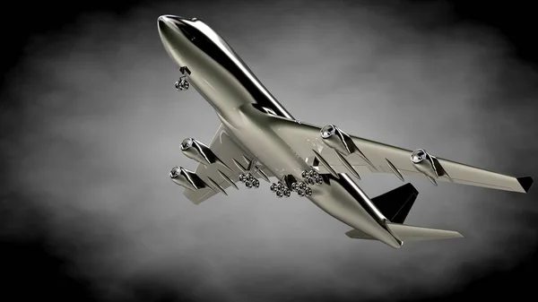 3d 渲染的金属反光飞机在黑暗的酒泉 — 图库照片