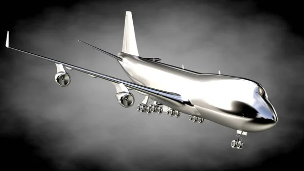 Rendering 3D di un aeroplano metallico riflettente su un backgrou scuro — Foto Stock