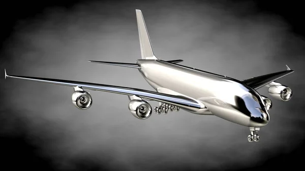 Rendering 3D di un aeroplano metallico riflettente su un backgrou scuro — Foto Stock