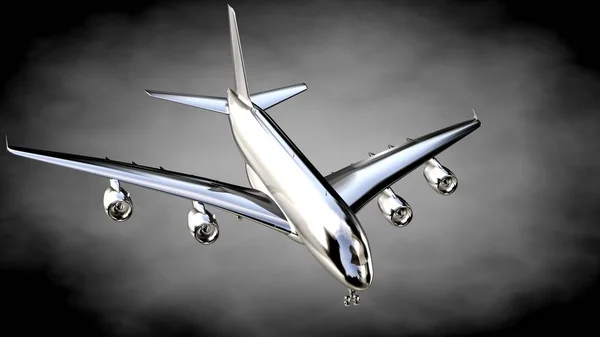 3D рендеринг металлического отражающего самолета на темной обратной стороне — стоковое фото