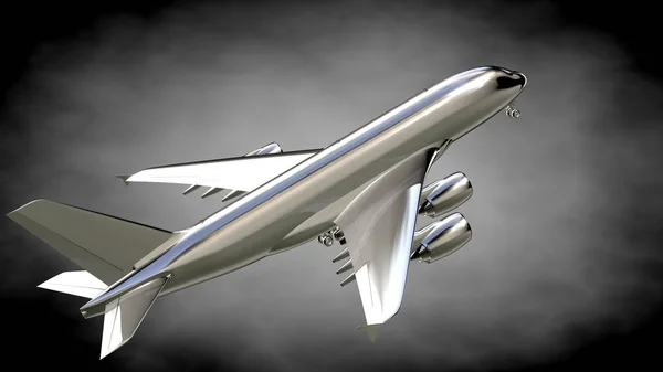 Rendering 3D di un aeroplano metallico riflettente su un backgrou scuro — Foto Stock