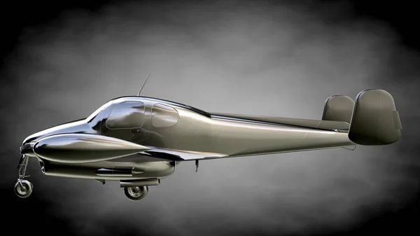 3D рендеринг металлического отражающего самолета на темной обратной стороне — стоковое фото