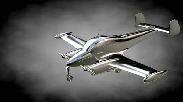 Τρισδιάστατη απεικόνιση του ένα μεταλλικό αντανακλαστική αεροπλάνο στο σκοτεινό λεμονάτα — Φωτογραφία Αρχείου