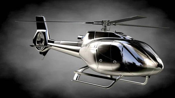 Rendering 3d di un elicottero riflettente metallico su uno schienale scuro — Foto Stock