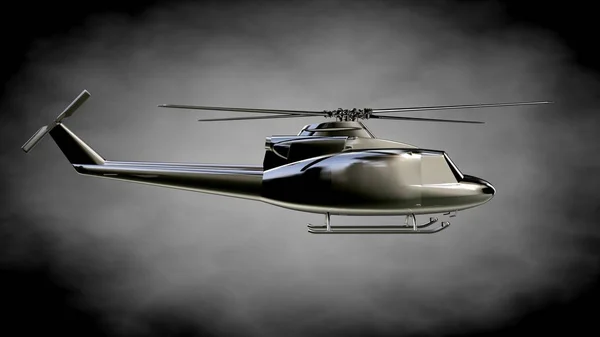 Rendering 3d di un elicottero riflettente metallico su uno schienale scuro — Foto Stock