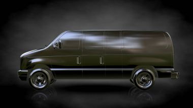 Metalik otomobil karanlık bir arka plan üzerinde yansıtıcı 3D render