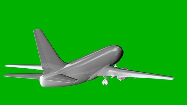 3D สีขาวโดดเดี่ยวของเครื่องบินบนพื้นหลังสีเขียว — ภาพถ่ายสต็อก