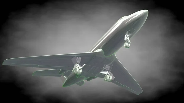 Representación 3d de un avión reflectante con líneas perfiladas verdes —  Fotos de Stock