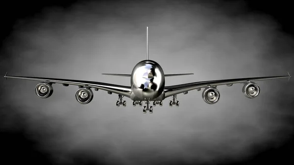 Representación 3d de un avión reflectante metálico sobre un fondo oscuro —  Fotos de Stock