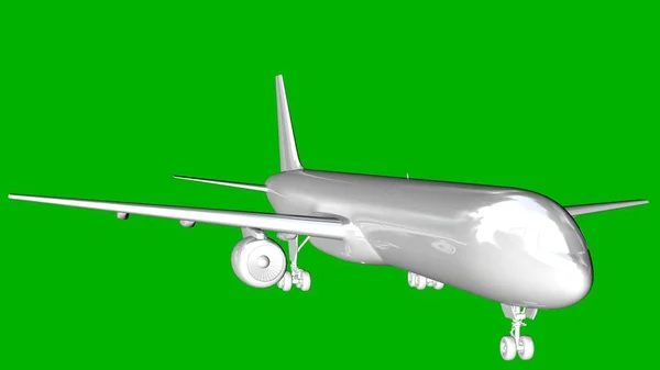 Απομονωμένη λευκό 3d rendering ενός αεροπλάνου σε πράσινο φόντο — Φωτογραφία Αρχείου