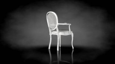 siyah bir arka plan üzerinde beyaz bir sandalyenin 3D render