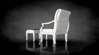 siyah bir arka plan üzerinde beyaz bir sandalyenin 3D render