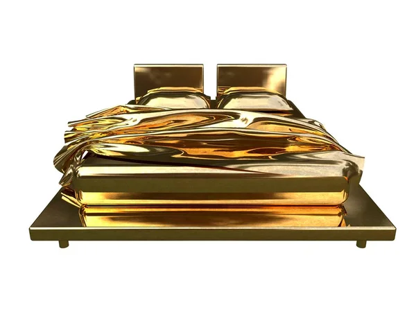 Representación 3d de una cama dorada aislada sobre un fondo blanco — Foto de Stock