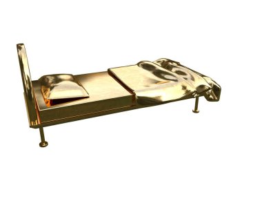 Beyaz bir arka plan üzerinde izole bir altın yatak 3D render