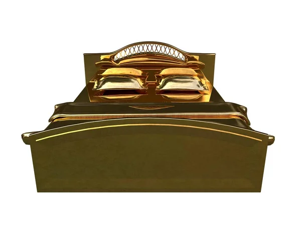 3D-Darstellung eines goldenen Bettes isoliert auf weißem Hintergrund — Stockfoto