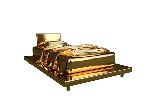 Representación 3d de una cama dorada aislada sobre un fondo blanco — Foto de Stock