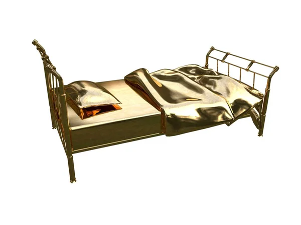 3D-weergave van een gouden bed geïsoleerd op een witte achtergrond — Stockfoto