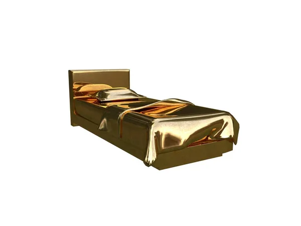 Rendering 3d di un letto dorato isolato su sfondo bianco — Foto Stock