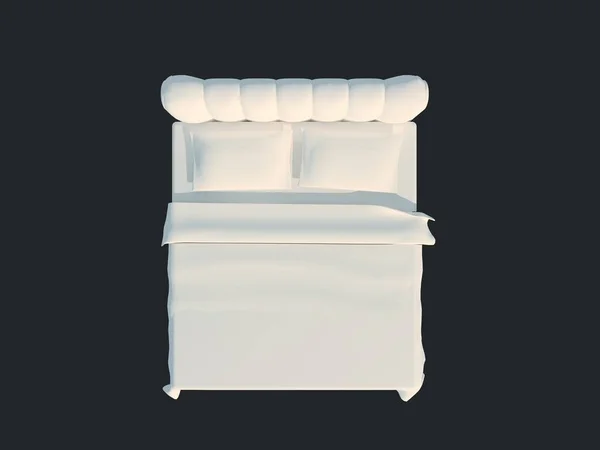 Rendering 3d di un letto bianco isolato su uno sfondo nero scuro — Foto Stock