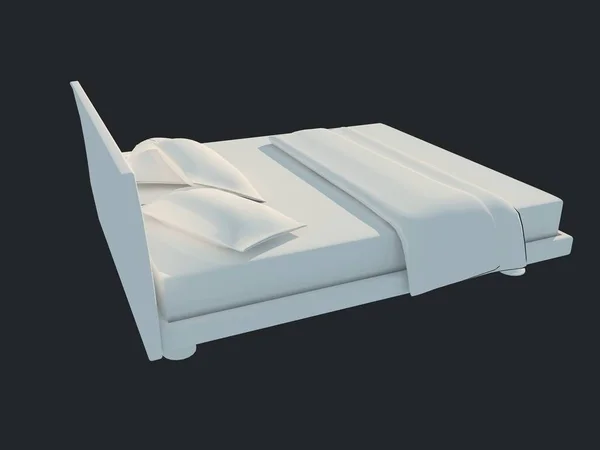 3D рендеринг белой кровати на черном темном фоне — стоковое фото
