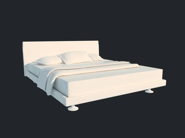 Representación 3d de una cama blanca aislada sobre un fondo negro oscuro — Foto de Stock