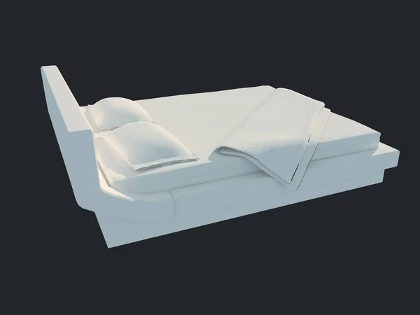 Rendering 3d di un letto bianco isolato su uno sfondo nero scuro — Foto Stock